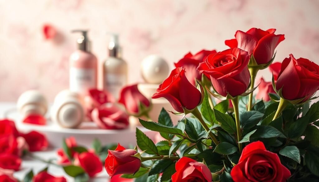 A beautiful bouquet of vibrant red roses sits in the foreground, their soft petals and thorns illuminated by warm, natural lighting. In the middle ground, a variety of rose-based products are artfully arranged - rose-scented hand creams, rose-infused bath bombs, and delicate rose petal soaps. The background features a serene, pastel-hued scene, evoking a sense of whimsy and delight. The overall composition strikes a balance between the rose's natural elegance and its myriad practical applications, inviting the viewer to explore the surprising uses of this beloved flower.