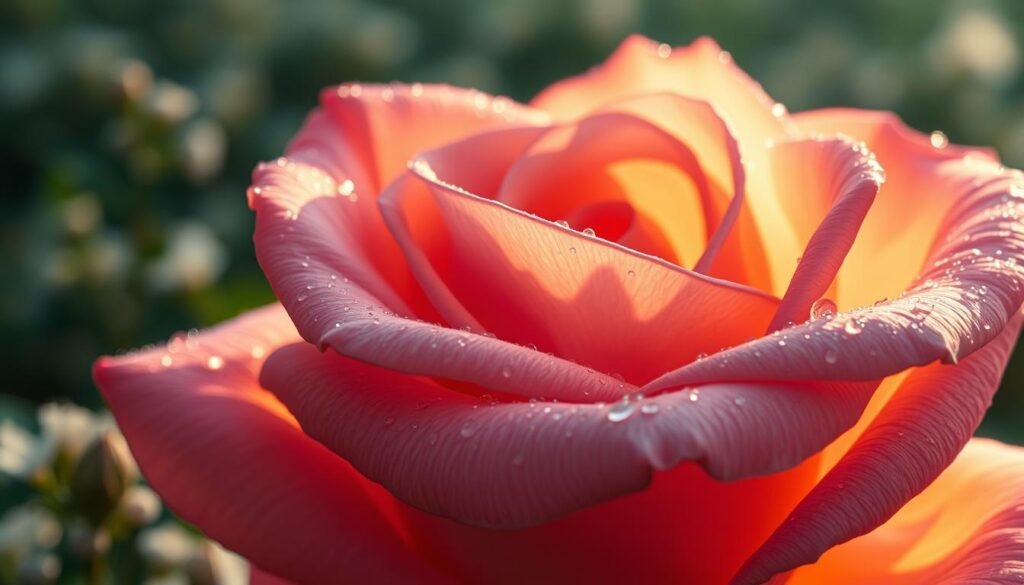 A breathtaking close-up of the intricate structure of a fragrant rose flower, captured in high detail and exquisite lighting. The petals glow with a soft, luminous quality, revealing the delicate textures and subtle gradients of color. Crystalline dew droplets cling to the silky surface, refracting the light and adding a mesmerizing sparkle. In the background, a blurred, dreamlike landscape of lush greenery and gentle blossoms creates a serene, almost otherworldly atmosphere. The overall composition conveys the captivating science and natural elegance at the heart of the rose's alluring scent.