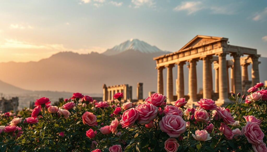 A breathtaking landscape of ancient civilizations, where the timeless beauty of historical roses takes center stage. In the foreground, lush, vibrant rose bushes bloom in a variety of hues, their petals gently swaying in a soft, warm breeze. In the middle ground, the ruins of an ancient temple or palace stand, their weathered stone walls and columns casting dramatic shadows. In the background, a majestic mountain range rises, its snow-capped peaks glowing under the warm, golden light of the setting sun. The scene is imbued with a sense of timeless elegance and wonder, transporting the viewer to a bygone era where these magnificent flowers held a special place in the hearts and cultures of the people who tended them.