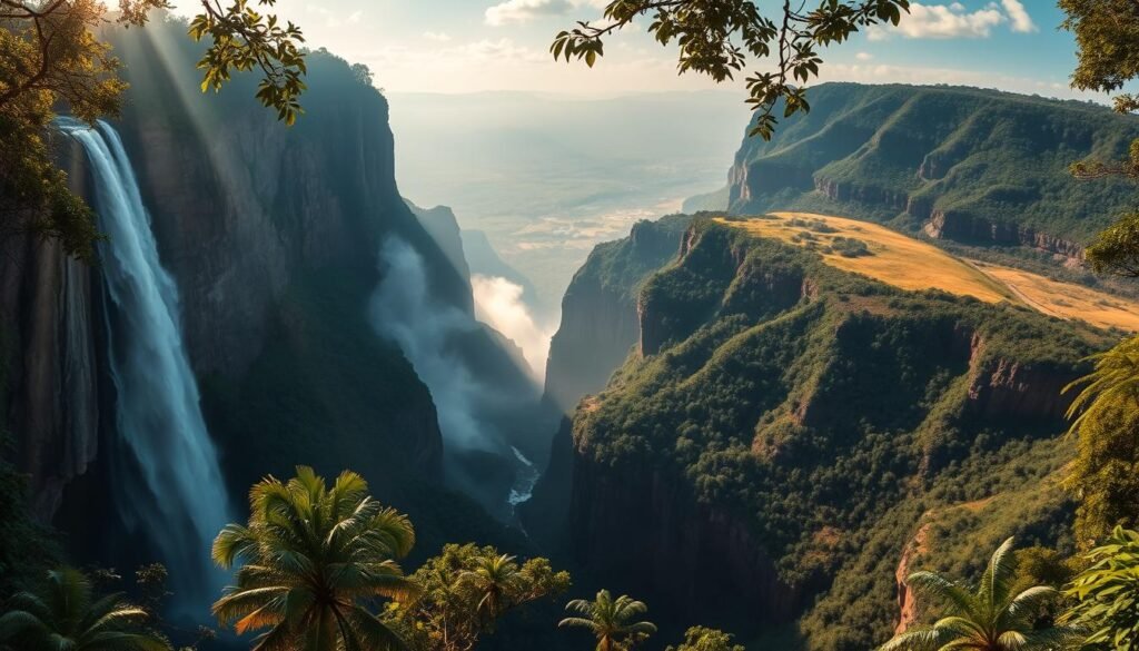 A breathtaking panoramic view of Angel Falls, the highest uninterrupted waterfall in the world, cascading over 3,212 feet (979 meters) down the sheer cliffs of the Auyantepui mountain in Venezuela. Sunlight filters through the mist, creating a ethereal, magical atmosphere. In the foreground, lush tropical vegetation frames the powerful, thundering waterfall. The middle ground showcases the dramatic, layered rock formations of the tabletop mountain. The background features the vast, untamed wilderness of the Canaima National Park, with rolling hills and dense rainforest. Capture the awe-inspiring scale and majesty of this natural wonder, a true testament to the raw power and beauty of our planet.