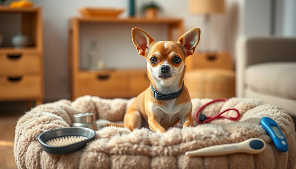 A brightly lit, high-resolution image of a chihuahua sitting on a plush, cozy-looking bed, surrounded by various pet care items such as a dog bowl, a leash, a grooming brush, and a thermometer. The dog has a friendly, alert expression and appears to be in a comfortable, relaxed pose. The background is a warm, inviting room with wooden furnishings and soft lighting, creating a sense of a nurturing, health-focused environment. The composition draws the viewer's attention to the chihuahua, highlighting its small, delicate features and the importance of providing proper care and attention to this breed's unique health needs.
