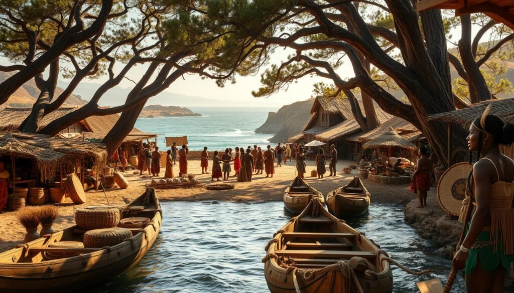 A bustling Chumash coastal trading village, nestled between rolling hills and the vast Pacific Ocean. In the foreground, intricate woven baskets, pottery, and shell jewelry are exchanged between local tribes. Weathered wooden canoes, carved with intricate designs, float on the gently lapping waves. In the middle ground, a central plaza is filled with animated conversations and the rhythmic beat of traditional drums. Towering redwood trees frame the scene, casting warm, dappled sunlight across the vibrant community. The atmosphere exudes a sense of prosperity, interconnectedness, and the rich cultural heritage of the Chumash people.