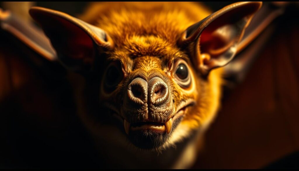 A close-up of a unique vampire bat revealing its distinctive features. The bat's face is illuminated by a warm, soft lighting, casting dramatic shadows that accentuate its sharp fangs, pointed ears, and wrinkled nose. The background is blurred, placing the subject in sharp focus. The bat's leathery wings are partially extended, showcasing their unique bone structure. The composition emphasizes the bat's intense gaze, capturing its predatory nature. An eerie, mysterious atmosphere pervades the scene, hinting at the vampire bat's nocturnal habits and otherworldly qualities. A close-up of a unique vampire bat revealing its distinctive features. The bat's face is illuminated by a warm, soft lighting, casting dramatic shadows that accentuate its sharp fangs, pointed ears, and wrinkled nose. The background is blurred, placing the subject in sharp focus. The bat's leathery wings are partially extended, showcasing their unique bone structure. The composition emphasizes the bat's intense gaze, capturing its predatory nature. An eerie, mysterious atmosphere pervades the scene, hinting at the vampire bat's nocturnal habits and otherworldly qualities.