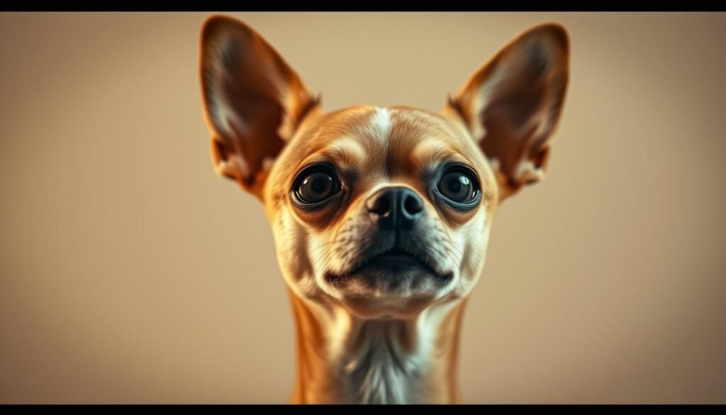 A close-up portrait of a curious Chihuahua dog, its head cocked to the side with an alert, inquisitive expression. The dog's large, expressive eyes and pointed ears convey a sense of watchfulness and keen intelligence. The dog's sleek, compact body is framed against a softly blurred, neutral background, drawing the viewer's attention to the Chihuahua's distinctive features. The lighting is warm and natural, highlighting the dog's glossy coat and delicate features. The composition is balanced and centered, creating an intimate, engaging study of the Chihuahua's unique personality traits.