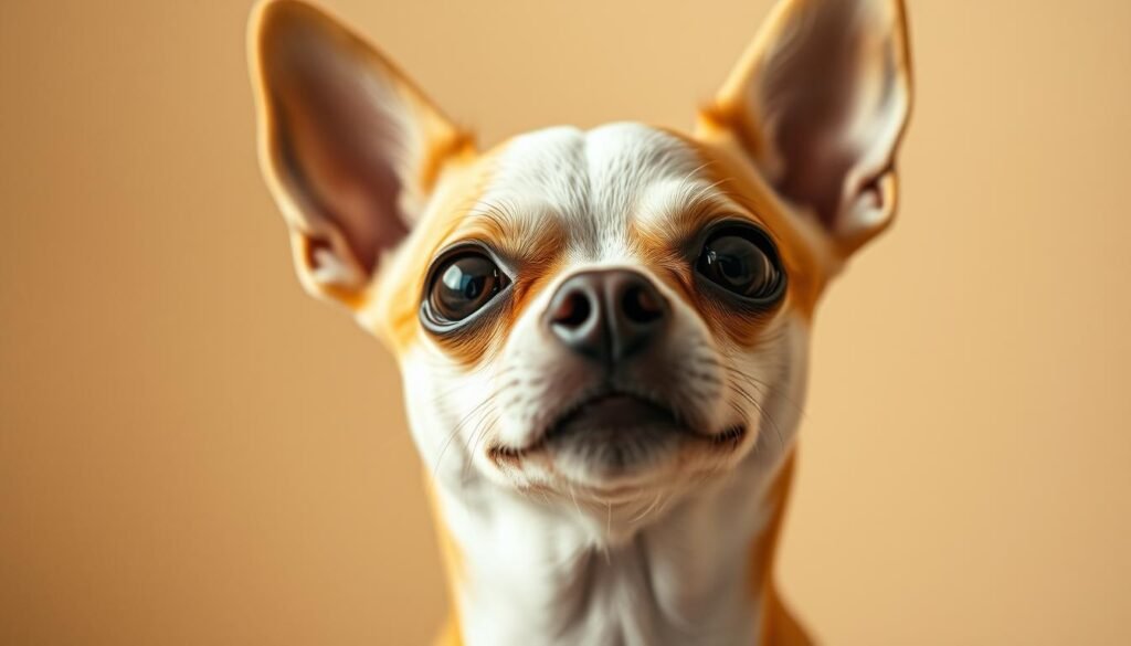 A close-up portrait of a curious Chihuahua with a playful, confident expression, its large almond-shaped eyes and pointed ears accentuated by soft, warm lighting from the front. The dog is set against a simple, slightly blurred background in soft tones of cream and beige, creating a sense of depth and focus on the animal's distinctive features. The Chihuahua's compact, rounded body and alert posture convey its signature spunky personality, reflecting the "amazing things to know" about this tiny yet spirited breed.
