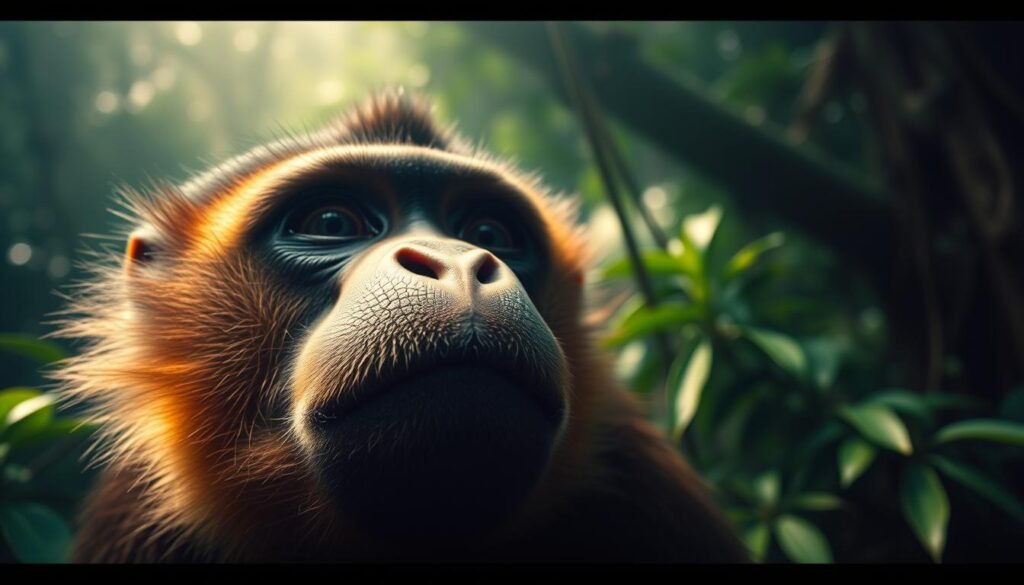 A close-up portrait of a howler monkey, its nose twitching as it takes in the dense, verdant jungle scents. The creature's large, expressive eyes are narrowed in intense focus, its nostrils flaring to capture the intricate bouquet of aromas that drift through the canopy. Soft, diffused lighting accentuates the monkey's rugged, textured facial features, casting dramatic shadows that convey a sense of the animal's acute sensory awareness. The backdrop is a hazy, dreamlike interpretation of the lush, tangled understory, hinting at the monkey's hyper-attuned perception of its environment. An intimate, almost cinematic perspective that showcases the howler monkey's remarkable sense of smell, a vital adaptation for survival in the tropical jungle.
