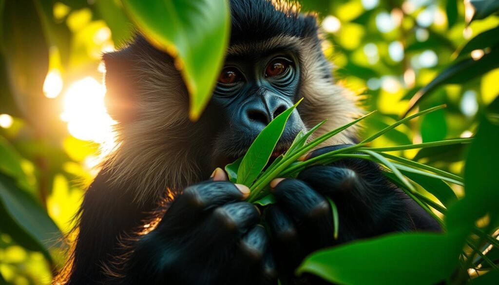 A close-up shot of a howler monkey intently devouring a bundle of fresh, glossy green leaves. The monkey's powerful jaws are clamped down, shredding the vegetation with focused concentration. Sunlight filters through the lush, verdant canopy, casting warm, dappled shadows across the monkey's rugged, expressive face. The scene is intimate and immersive, drawing the viewer into the monkey's primal feeding ritual deep within the vibrant, layered jungle foliage.