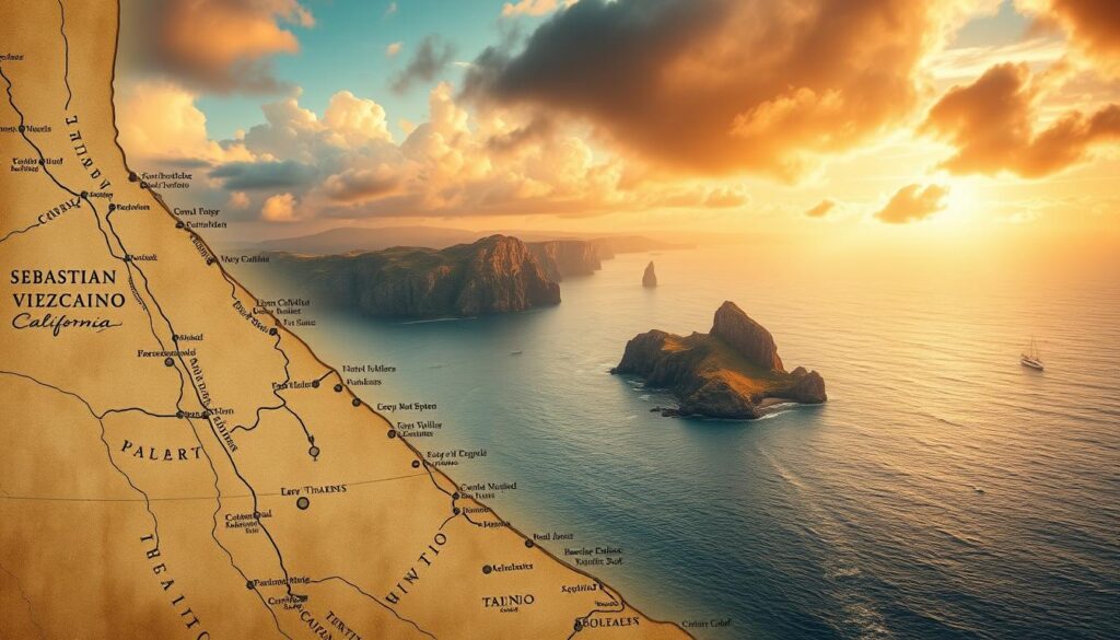 A coastal exploration map depicting the routes and discoveries of Sebastian Vizcaino's historic voyage along the California coastline. In the foreground, a detailed hand-drawn map showcases the intricate topography and landmarks charted by Vizcaino's expedition, with ornate calligraphy labeling key locations. The middle ground features a panoramic vista of the rugged, sun-dappled coastline, with towering cliffs, picturesque bays, and swirling currents. In the background, a dramatic sky filled with billowing clouds and warm hues creates an evocative sense of adventure and discovery. The overall composition conveys the adventurous spirit and scientific rigor of Vizcaino's groundbreaking exploration of the California coast.