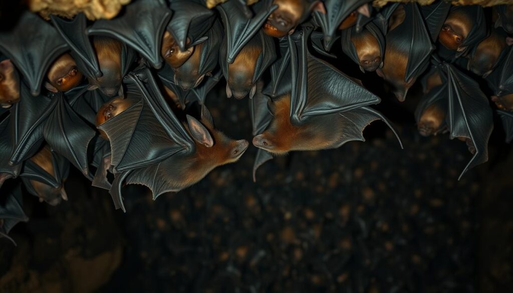 A colony of vampire bats clings to the ceiling of a dimly lit cave, their leathery wings folded against their bodies. In the foreground, two bats engage in a social interaction, gently touching noses and communicating through high-pitched chirps. The middle ground is filled with a cluster of bats, some grooming one another, others resting peacefully. Deeper in the cave, the background is shrouded in shadows, hinting at the vast size of the colony. Soft, indirect lighting casts a warm glow, emphasizing the bats' intricate facial features and delicate movements. The scene conveys a sense of community and tranquility within the vampire bat colony. A colony of vampire bats clings to the ceiling of a dimly lit cave, their leathery wings folded against their bodies. In the foreground, two bats engage in a social interaction, gently touching noses and communicating through high-pitched chirps. The middle ground is filled with a cluster of bats, some grooming one another, others resting peacefully. Deeper in the cave, the background is shrouded in shadows, hinting at the vast size of the colony. Soft, indirect lighting casts a warm glow, emphasizing the bats' intricate facial features and delicate movements. The scene conveys a sense of community and tranquility within the vampire bat colony.