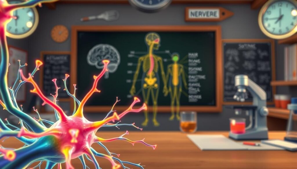 A colorful and educational illustration of nervous system facts for kids. In the foreground, a magnified view of nerve cells, their axons and dendrites transmitting signals with vibrant colors. In the middle ground, a simplified diagram of the central and peripheral nervous systems, with the brain, spinal cord, and major nerves visible. The background features a science-themed environment, with a microscope, test tubes, and a chalkboard displaying anatomical diagrams. Soft lighting creates a warm, informative atmosphere, inviting the viewer to explore the inner workings of the body's "superfast internet". Rendered in a friendly, approachable style suitable for a children's educational resource.