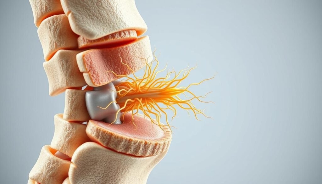 A detailed anatomical cross-section of the spinal cord, nested within a protective bony vertebral column. The spinal cord, an intricate network of nerves, is sheathed in a durable membrane, providing cushioning and insulation. Delicate neural fibers branch out, relaying sensory information and motor commands with lightning speed. Surrounding the cord, vertebrae form a sturdy, segmented column, guarding this vital conduit. Crisp, realistic textures convey the organic complexity of this essential component of the central nervous system. Neutral lighting illuminates the intricate structures, showcasing their form and function. A cutaway view reveals the spinal cord's internal architecture, highlighting its crucial role as the body's information superhighway.
