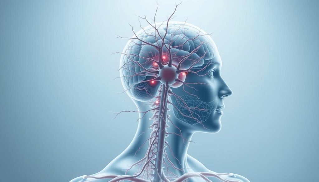 A detailed anatomical illustration of the human nervous system, rendered in a clean, scientific style. The foreground depicts the central nervous system, including the brain and spinal cord, with a focus on the intricate neural pathways and connections. The middle ground showcases the peripheral nervous system, highlighting the complex network of nerves branching out to various parts of the body. The background features a muted, neutral color palette to emphasize the technical nature of the subject matter. Crisp, high-resolution details, with a precise, technical lighting setup that enhances the clarity and depth of the image. The overall mood is one of educational and informative clarity, conveying the vital role the nervous system plays in the human body.