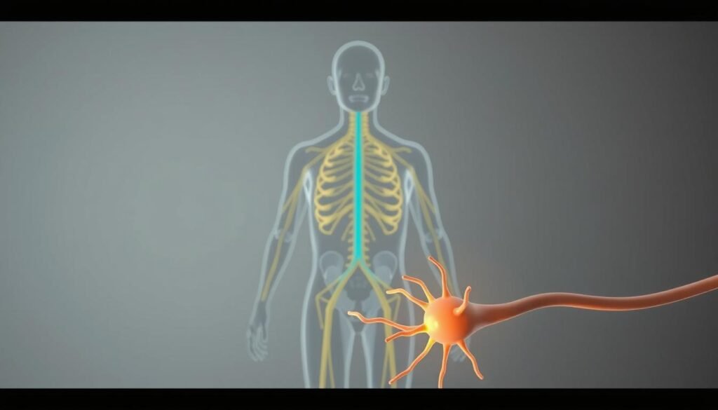 A detailed, anatomically accurate illustration of the human nervous system reflexes, showcasing the intricate network of nerves and synapses that enable the body's rapid, involuntary responses. Neutral tones and muted colors create a clinical, educational atmosphere, while a clean, uncluttered layout prioritizes clarity. The middle ground features a central nervous system diagram, with nerves branching out to highlight key reflex pathways, such as the knee-jerk response or the pupillary light reflex. In the foreground, a close-up view of a single nerve synapse illustrates the lightning-fast electrochemical signals that trigger these super-fast reflexes. Soft, even lighting from an overhead source casts subtle shadows, emphasizing the 3D structure. The overall composition conveys the remarkable efficiency and sophistication of the body's protective reflex systems.