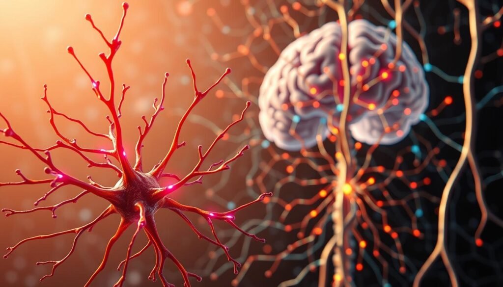 A detailed cross-section of the human nervous system, showcasing intricate nerve pathways and the flow of neurotransmitters. The foreground depicts a cluster of neurons, their axons and dendrites pulsing with electric signals in vibrant hues. The middle ground reveals a network of synapses, where neurotransmitters are released and received, creating a dazzling neural dance. The background features a stylized representation of the brain and spinal cord, their structures intertwined like a complex, organic circuit board. The scene is illuminated by a warm, soft light, creating a sense of depth and wonder, inviting the viewer to explore the remarkable complexity of the body's internal communication system.