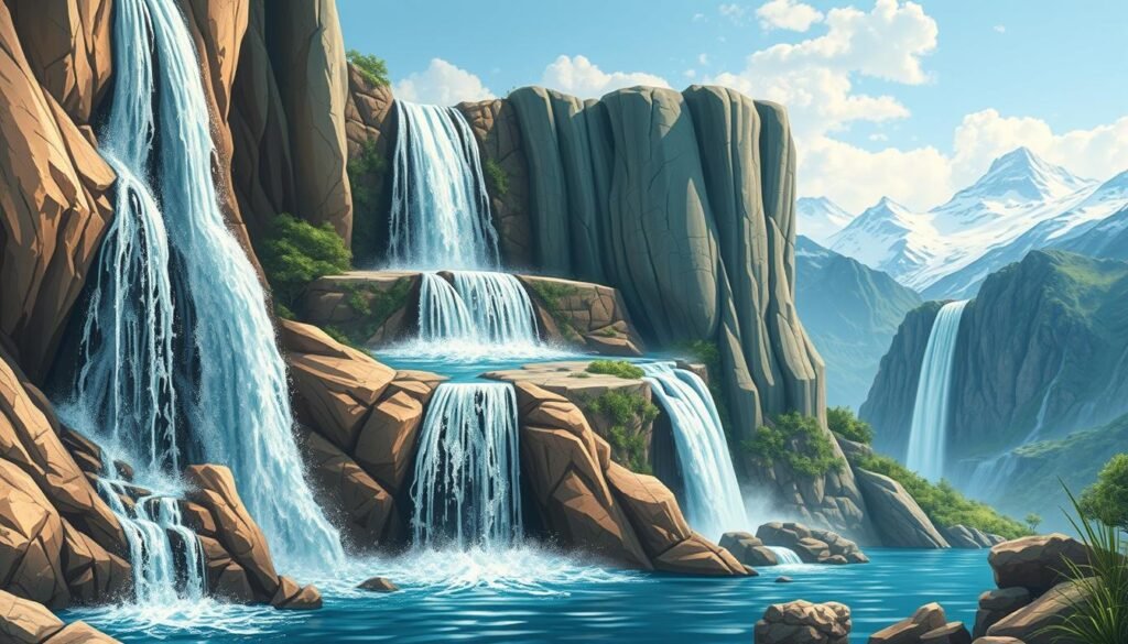 A detailed illustration showcasing the diverse types of waterfalls found around the world. In the foreground, a cascading waterfall tumbles down a rugged cliff face, its powerful torrent of water crashing into a tranquil pool below. In the middle ground, a serene, fan-shaped waterfall gracefully flows over a wide, tiered rock formation. Further back, a narrow, ribbon-like waterfall plunges down a steep mountainside, its delicate stream of water shimmering in the soft, natural lighting. The background features a stunning alpine landscape, with snow-capped peaks rising majestically in the distance. The overall scene conveys a sense of the raw, untamed power and sublime beauty of nature's aquatic wonders.