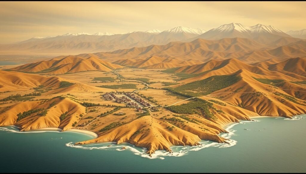 A detailed map of the ancestral lands of the Chumash, a Native American tribe that thrived along the central California coast. The foreground depicts the coastline with rolling hills, lush vegetation, and the Pacific Ocean lapping at the shores. The middle ground showcases the tribe's villages, connected by trails winding through the landscape. In the background, majestic mountains rise up, their peaks capped with snow. The map is rendered in a warm, earthy color palette, evoking the natural beauty of the Chumash homeland. The lighting is soft and diffused, creating a serene, contemplative atmosphere. The perspective is slightly elevated, providing a panoramic view of the Chumash territory.