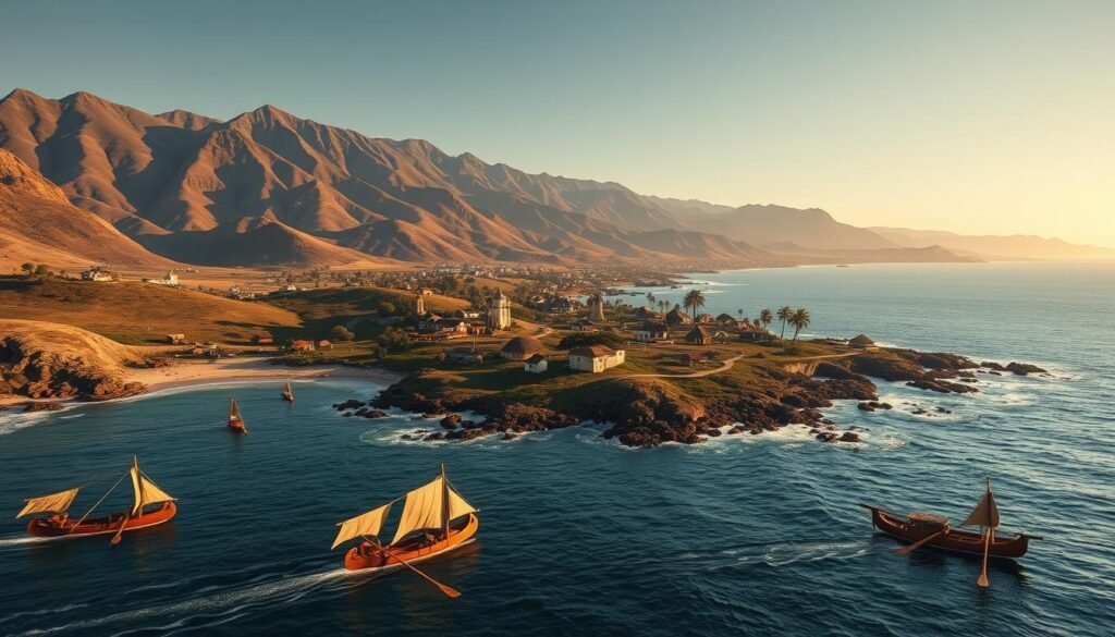 A detailed map of the traditional Chumash Native American settlements along the central California coast, showcasing their intricate network of villages nestled against the rugged shoreline. The foreground features the iconic Chumash plank-built tomol canoes gliding across the azure ocean, while the middle ground depicts the well-established coastal villages with their distinctive thatched-roof structures. In the background, the imposing Santa Ynez mountain range rises majestically, casting long shadows over the serene landscape. The scene is illuminated by warm, golden sunlight, capturing the tranquil atmosphere and the deep connection the Chumash people had with their maritime environment. Rendered in a realistic, detailed style to truly capture the essence of this remarkable indigenous culture.