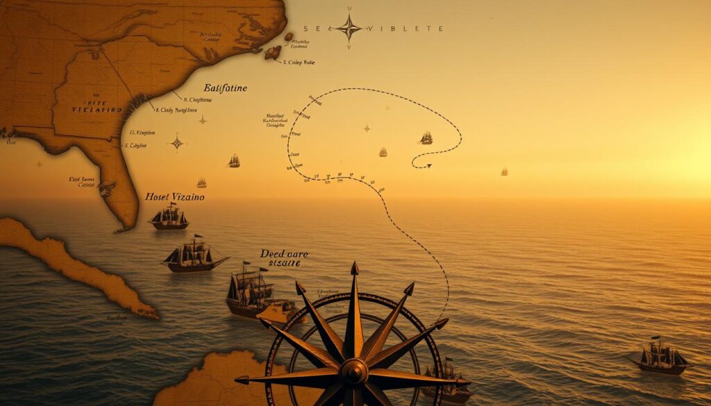 A detailed nautical map depicting the sea voyages of the renowned Spanish explorer Sebastian Vizcaino. In the foreground, a large compass rose guides the viewer, surrounded by intricate cartographic details such as rhumb lines, coastlines, and iconic sailing ships. The middle ground showcases Vizcaino's routes, marked by dotted lines winding through the vast, textured ocean. The background features a hazy horizon under a warm, golden-hued sky, conveying a sense of adventure and discovery. The overall composition evokes the spirit of 17th-century maritime exploration, capturing the essence of Vizcaino's pioneering expeditions along the California coast.
