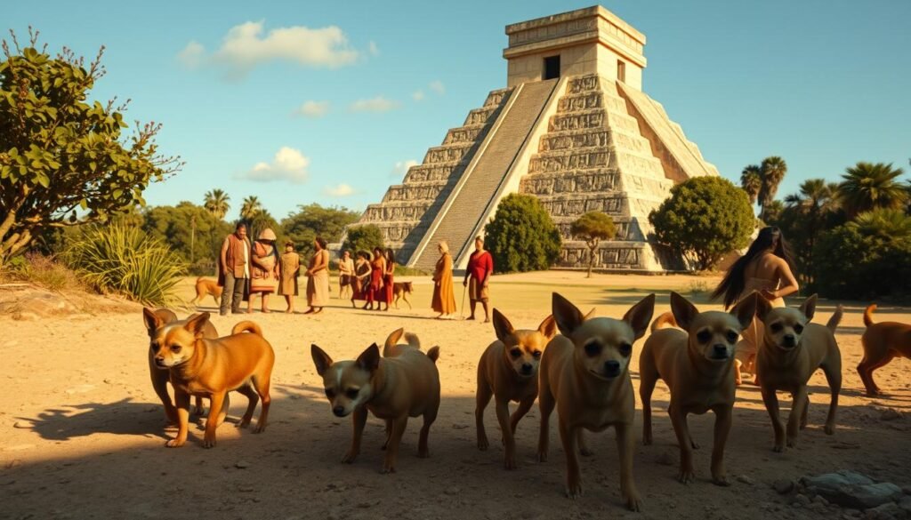 A detailed scene of ancient Mesoamerica, showcasing the origins of the Chihuahua breed. In the foreground, a pack of small, pointy-eared dogs roam an arid, rocky landscape, their fur coats in shades of tan and brown. In the middle ground, a group of indigenous people in traditional attire interact with the canines, suggesting a close relationship. The background features a towering pyramid temple, surrounded by lush, verdant vegetation and a clear, azure sky. The lighting is warm and golden, casting a nostalgic, historical atmosphere. The perspective is slightly elevated, allowing for a panoramic view of this ancient Mexican setting where the Chihuahua's lineage can be traced.