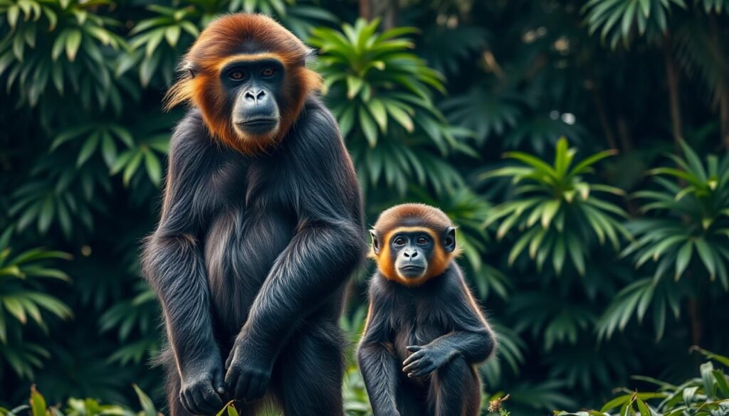 A detailed side-by-side comparison of howler monkeys showcasing their impressive size. In the foreground, a large adult howler monkey stands tall, its muscular frame and thick fur coat commanding attention. In the middle ground, a smaller juvenile howler monkey sits, providing a clear scale reference. The background features lush, verdant tropical foliage, creating a naturalistic setting. Soft, diffused lighting illuminates the primates, highlighting their distinctive facial features and expressive eyes. The composition is balanced, allowing the viewer to fully appreciate the substantial size difference between the adult and juvenile howler monkeys.