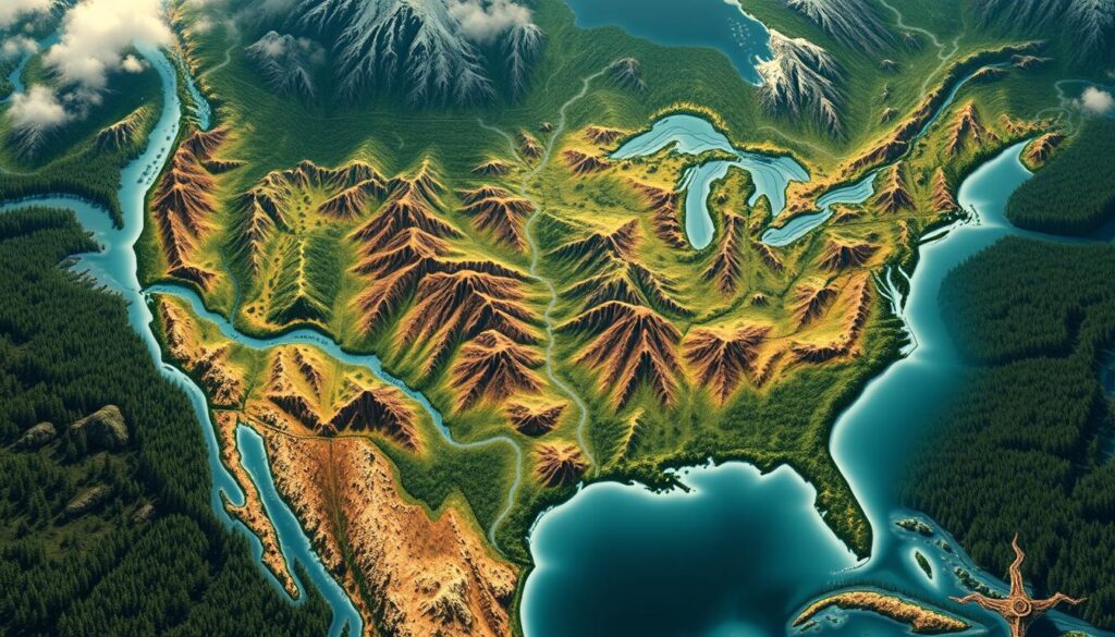A detailed topographical map of the North American wilderness, showcasing the potential habitats of the legendary Bigfoot creature. The map should be rendered in a realistic, high-resolution style, with lush forests, rugged mountains, winding rivers, and sprawling national parks clearly delineated. The overall color palette should convey a sense of the untamed, primeval nature of these remote, rarely explored regions. Subtle shading and lighting effects should enhance the depth and texture of the landscape, creating an immersive and atmospheric visualization of where Bigfoot might roam. The map should be free of any distracting elements, allowing the viewer to focus on the primal, mysterious nature of the Bigfoot's potential domain.