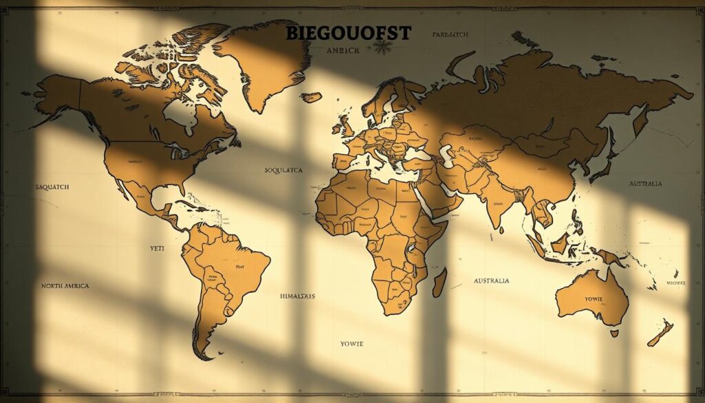 A detailed world map showing the diverse cultural names for the legendary Bigfoot creature, presented in a striking and informative visual style. The landmasses are rendered with a vintage, hand-drawn aesthetic, complemented by a muted color palette evocative of old explorer's charts. Prominent locations are highlighted with icons representing the local Bigfoot name, such as "Sasquatch" in North America, "Yeti" in the Himalayas, and "Yowie" in Australia. The map is illuminated by soft, raking light, casting shadows that add depth and texture. The overall composition conveys a sense of adventure and mystery, inviting the viewer to explore the global fascination with this enigmatic creature.