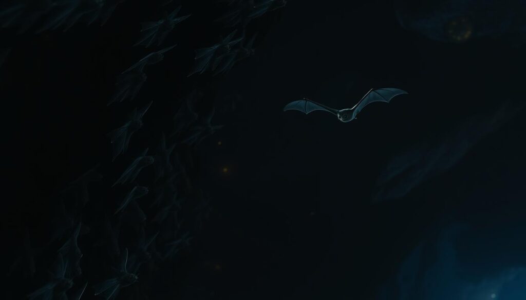 A dimly lit cave at night, the flickering glow of bioluminescent fungi casting an eerie ambiance. In the foreground, a colony of vampire bats cling to the walls, their angular faces and large ears prominent. Their eyes are closed as they use sophisticated echolocation techniques, emitting high-pitched clicks and analyzing the returning echoes to navigate the pitch-black environment. Beams of infrared light emanate from their snouts, scanning for the faint heat signatures of their prey. In the middle ground, a lone bat takes flight, its wings outstretched as it navigates the cave with remarkable precision, guided by its extraordinary sensory abilities. The background fades into the deep shadows, hinting at the vast expanse of the underground world these remarkable creatures inhabit. A dimly lit cave at night, the flickering glow of bioluminescent fungi casting an eerie ambiance. In the foreground, a colony of vampire bats cling to the walls, their angular faces and large ears prominent. Their eyes are closed as they use sophisticated echolocation techniques, emitting high-pitched clicks and analyzing the returning echoes to navigate the pitch-black environment. Beams of infrared light emanate from their snouts, scanning for the faint heat signatures of their prey. In the middle ground, a lone bat takes flight, its wings outstretched as it navigates the cave with remarkable precision, guided by its extraordinary sensory abilities. The background fades into the deep shadows, hinting at the vast expanse of the underground world these remarkable creatures inhabit.