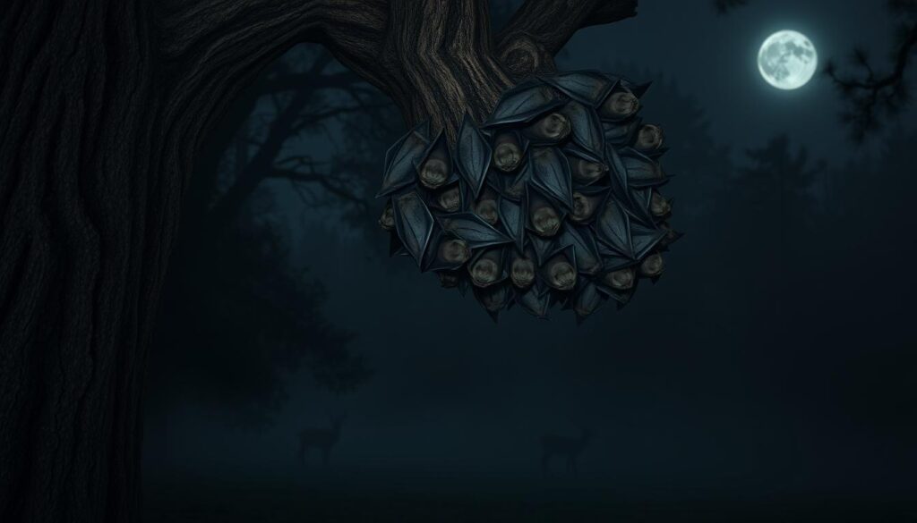 A dimly lit forest at night, illuminated by a full moon. In the foreground, a colony of vampire bats clings to the bark of a gnarled, ancient tree. Their leathery wings folded tightly, their beady eyes alert, as they employ their signature survival techniques - using echolocation to navigate, relying on their keen sense of smell to detect prey, and their sharp teeth to draw blood from sleeping mammals. In the middle ground, a herd of deer graze, unaware of the predators lurking nearby. The background is shrouded in mist, creating an eerie, atmospheric setting that heightens the sense of mystery and danger surrounding these enigmatic nocturnal creatures. A dimly lit forest at night, illuminated by a full moon. In the foreground, a colony of vampire bats clings to the bark of a gnarled, ancient tree. Their leathery wings folded tightly, their beady eyes alert, as they employ their signature survival techniques - using echolocation to navigate, relying on their keen sense of smell to detect prey, and their sharp teeth to draw blood from sleeping mammals. In the middle ground, a herd of deer graze, unaware of the predators lurking nearby. The background is shrouded in mist, creating an eerie, atmospheric setting that heightens the sense of mystery and danger surrounding these enigmatic nocturnal creatures.