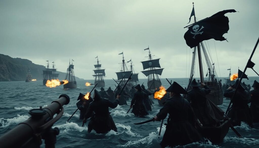 A dramatic 17th century pirate battle scene on the high seas. In the foreground, the heavily armed Spanish explorer Sebastian Vizcaino and his crew fiercely engage a fleet of Dutch pirate ships. Cannons blaze, swords clash, and the ocean churns with the intensity of the clash. In the middle ground, the pirate vessels loom large, their black flags fluttering ominously. The background shows a rugged coastline, hazy in the distance under an overcast sky. Bold chiaroscuro lighting casts dramatic shadows, heightening the sense of tension and danger. The composition is tightly framed, heightening the claustrophobic feel of the battle. Overall, a thrilling, action-packed depiction of Vizcaino's confrontation with the Dutch pirates along the California coast.