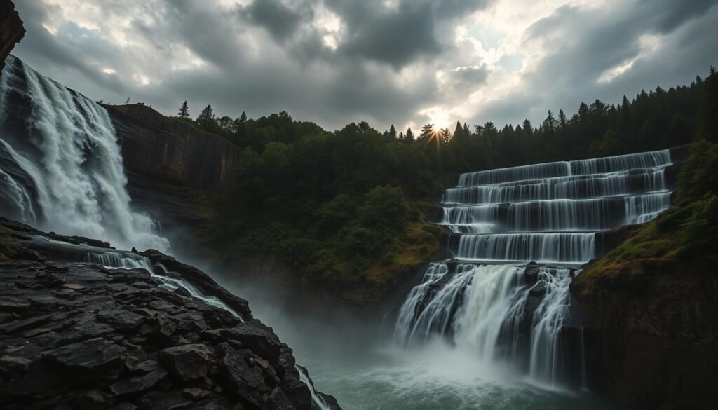 A dramatic, sweeping scene showcasing the differences between block and fan waterfalls. In the foreground, a powerful block waterfall thunders down a rugged, rocky cliff face, its cascading white waters crashing into a deep pool below. In the middle ground, a graceful fan waterfall spills over a wide, tiered ledge, its thin, shimmering sheets of water fanning out elegantly. The background is filled with lush, verdant forest and a dramatic, moody sky with sun peeking through. Dramatic, cinematic lighting casts dramatic shadows and highlights the textures and movement of the water. Captured from a slightly elevated, panoramic angle to emphasize the grandeur and scale of these natural wonders.