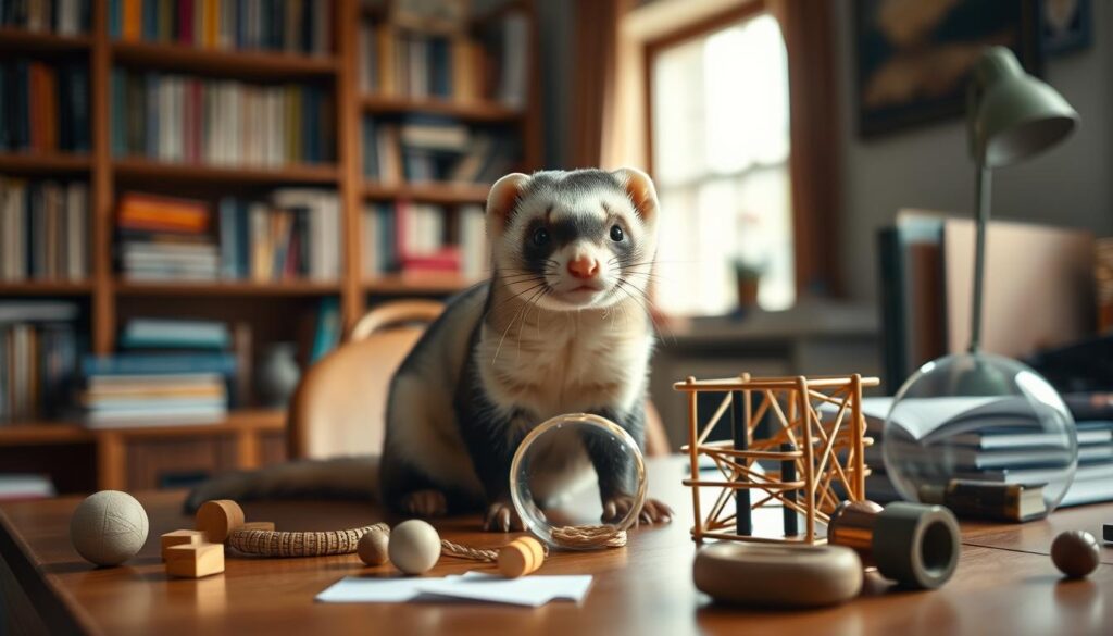 A ferret sitting attentively on a wooden desk, surrounded by various objects that stimulate its intelligence and problem-solving skills. The ferret's gaze is focused and its expression conveys a sense of curiosity and eagerness to engage with the training materials. The desk is well-lit, with soft, natural lighting from a window in the background, creating a warm and inviting atmosphere. The background features a bookshelf filled with educational resources, hinting at the ferret's academic pursuits. The composition emphasizes the ferret's intelligence and the effective training methods used to challenge and develop its cognitive abilities.