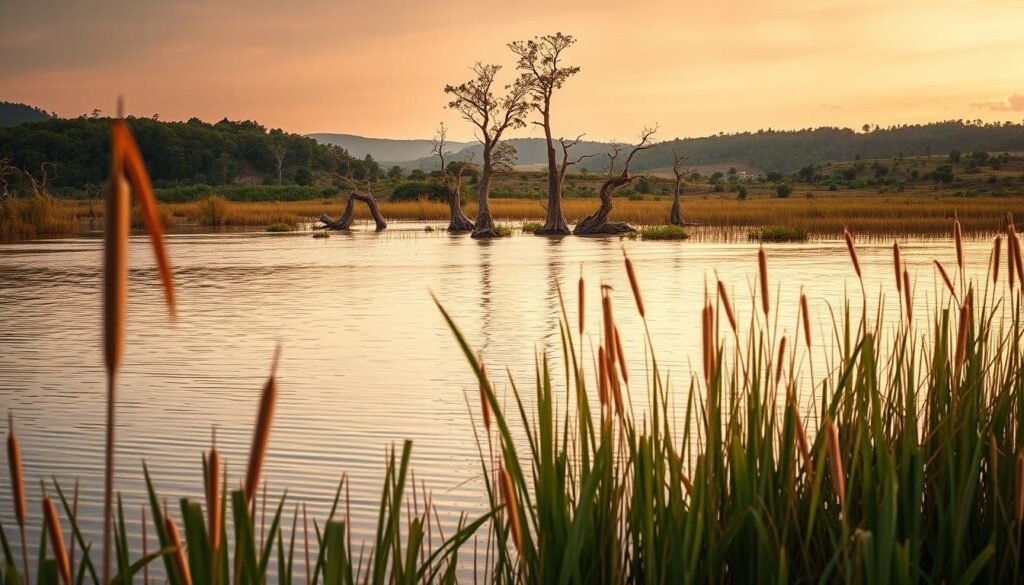 A flooded wetland landscape in golden hour lighting, captured with a wide-angle lens. In the foreground, tall reeds and cattails sway gently in the breeze, their reflections rippling on the calm water surface. In the middle ground, a group of cypress trees stand sentinel, their twisted trunks partially submerged. In the background, rolling hills dotted with lush vegetation provide a natural barrier against the encroaching storm. The sky is painted in warm hues of orange and pink, creating a peaceful, serene atmosphere that conveys the wetland's crucial role in storm protection and flood control.