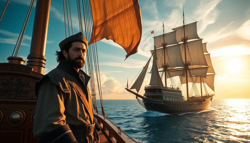 A grand exploration ship glides across the azure sea, its sails billowing in the wind as it approaches the distant shores of Japan. In the foreground, the intrepid explorer Sebastian Vizca&iacute;no stands on the deck, his gaze fixed on the horizon, his expression a mix of curiosity and determination. The mid-ground features a detailed rendering of the ship's intricate architecture, with its ornate carvings and polished brass fittings. In the background, a dramatic sky plays host to wispy clouds and a brilliant sun, casting a warm, golden glow over the entire scene. The overall atmosphere is one of adventure, discovery, and the thrill of the unknown, perfectly capturing the spirit of Vizca&iacute;no's historic expedition to Japan.