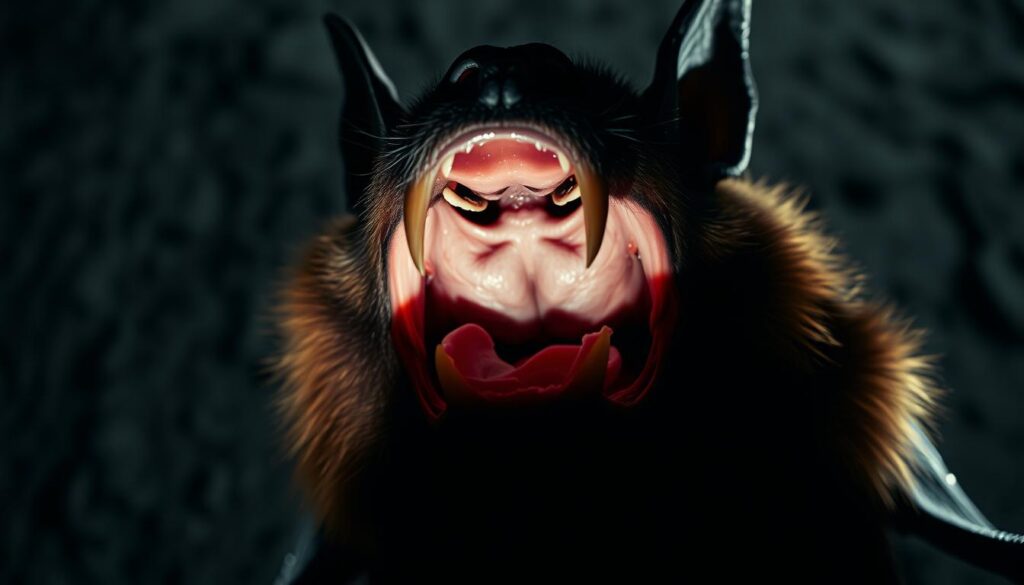 A high-contrast close-up view of a vampire bat's open mouth, revealing its sharp fangs and elongated tongue. The lighting is dramatic, casting deep shadows to accentuate the bat's primal features. In the background, a textured, moody backdrop suggests the nocturnal environment where these elusive creatures thrive. The overall mood is one of scientific curiosity and the unsettling power of nature's most mysterious predators. A high-contrast close-up view of a vampire bat's open mouth, revealing its sharp fangs and elongated tongue. The lighting is dramatic, casting deep shadows to accentuate the bat's primal features. In the background, a textured, moody backdrop suggests the nocturnal environment where these elusive creatures thrive. The overall mood is one of scientific curiosity and the unsettling power of nature's most mysterious predators.