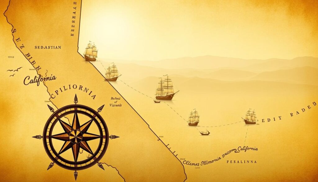 A highly detailed and historically accurate map of California's exploration by Sebastian Vizcaino in the early 17th century. Warm, sepia-toned hues evoke an antique cartographic aesthetic. Vizcaino's ships sail along the rugged coastline, tracing his expedition routes. Prominent geographic features like Baja California and the Channel Islands are meticulously labeled. In the foreground, a large compass rose and ornate cartouche adorn the map, emphasizing Vizcaino's navigational achievements. The background depicts a hazy, sun-dappled skyline of rolling hills and mountains. An air of discovery and wonder permeates the scene, capturing the spirit of Vizcaino's pioneering exploration of the California coast.