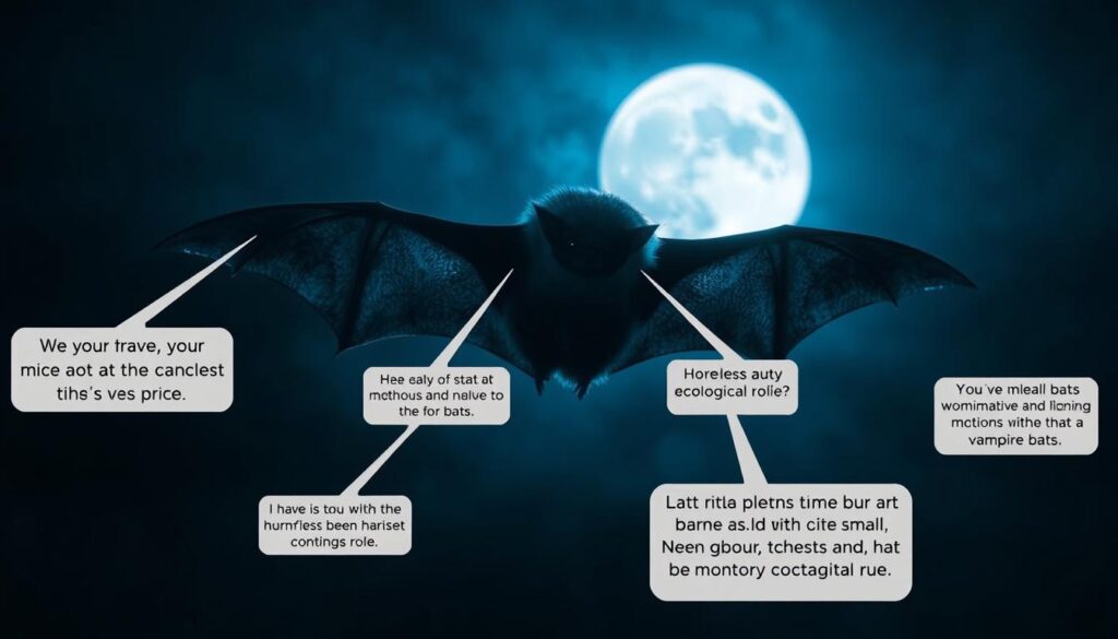 A large, furry vampire bat floating in a dark, moody night sky, its wings outstretched against a full moon. In the bat's shadow, several smaller bats dispel common myths, busting misconceptions about vampire bats' true nature - their small size, harmless feeding habits, and important ecological role. The scene is lit by a cool, blue-toned moonlight, creating a dramatic chiaroscuro effect. The composition is balanced, with the central bat in focus and the smaller bats in a hazy, atmospheric background. The overall tone is one of debunking superstitions and revealing the fascinating truth about these nocturnal creatures. A large, furry vampire bat floating in a dark, moody night sky, its wings outstretched against a full moon. In the bat's shadow, several smaller bats dispel common myths, busting misconceptions about vampire bats' true nature - their small size, harmless feeding habits, and important ecological role. The scene is lit by a cool, blue-toned moonlight, creating a dramatic chiaroscuro effect. The composition is balanced, with the central bat in focus and the smaller bats in a hazy, atmospheric background. The overall tone is one of debunking superstitions and revealing the fascinating truth about these nocturnal creatures.