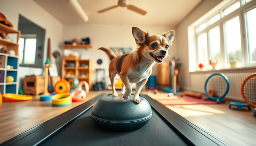 A lively, energetic Chihuahua happily running on a treadmill in a well-lit home gym. In the middle ground, the tiny dog is perched on a pet-sized exercise ball, playfully bouncing and stretching. In the background, a variety of colorful dog toys, hoops, and agility equipment suggest an active lifestyle for this spirited canine companion. Warm, natural lighting from large windows creates a cheerful, inviting atmosphere, while the camera's wide-angle lens captures the dog's boundless energy and enthusiasm for its daily workout routine.