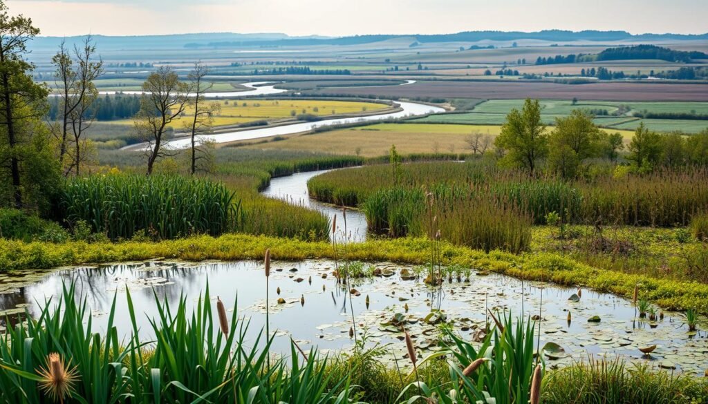 A lush, panoramic wetland ecosystem teeming with diverse flora and fauna. In the foreground, a serene pond reflects the vibrant colors of surrounding cattails, reeds, and water lilies. The middle ground features a meandering stream flanked by dense thickets of willows and alder trees. In the background, a rolling landscape of grassy marshes and wooded swamps stretches out under a soft, diffused lighting, creating a sense of depth and tranquility. The overall scene captures the natural beauty and ecological complexity of different wetland types found around the world.