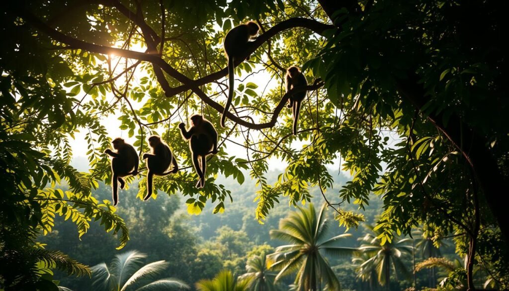 A lush, verdant Amazon rainforest canopy, dappled with shimmering sunlight filtering through the dense foliage. In the foreground, a troop of vibrant howler monkeys nimbly swinging from branch to branch, their striking coats of black, gold, and auburn fur standing out against the verdant backdrop. The middle ground reveals a glimpse of the understory, with ferns, palms, and other tropical flora creating a rich, multilayered ecosystem. In the distance, the canopy stretches out, hinting at the vast expanse of this ancient, biodiverse rainforest. Atmospheric lighting casts a warm, golden glow, capturing the vibrancy and dynamism of this primal habitat.