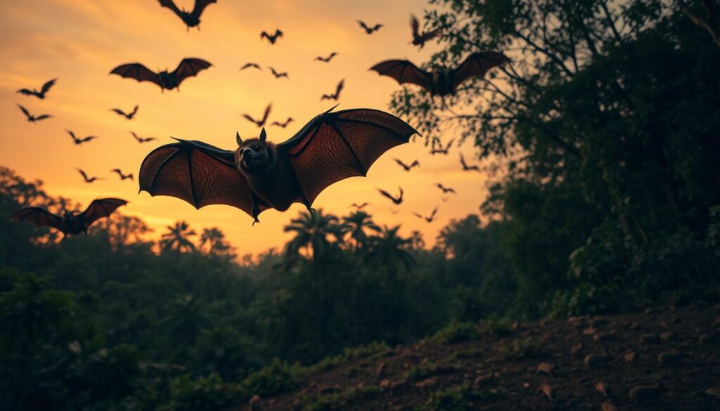 A lush, verdant forest landscape at dusk, with a colony of vampire bats emerging from the canopy. In the foreground, several bats are depicted in mid-flight, their leathery wings outstretched and their sharp fangs glistening. The bats are silhouetted against a warm, orange-hued sky, creating an atmospheric and dramatic scene. In the middle ground, the forest floor is teeming with small rodents and other nocturnal creatures, illustrating the bats' role in the ecosystem as important pollinators and natural pest control. The background features towering trees and a sense of depth, suggesting the vast reach of the bat's ecological impact. The image is captured with a wide-angle lens, lending a sense of scale and immersion to the viewer. A lush, verdant forest landscape at dusk, with a colony of vampire bats emerging from the canopy. In the foreground, several bats are depicted in mid-flight, their leathery wings outstretched and their sharp fangs glistening. The bats are silhouetted against a warm, orange-hued sky, creating an atmospheric and dramatic scene. In the middle ground, the forest floor is teeming with small rodents and other nocturnal creatures, illustrating the bats' role in the ecosystem as important pollinators and natural pest control. The background features towering trees and a sense of depth, suggesting the vast reach of the bat's ecological impact. The image is captured with a wide-angle lens, lending a sense of scale and immersion to the viewer.
