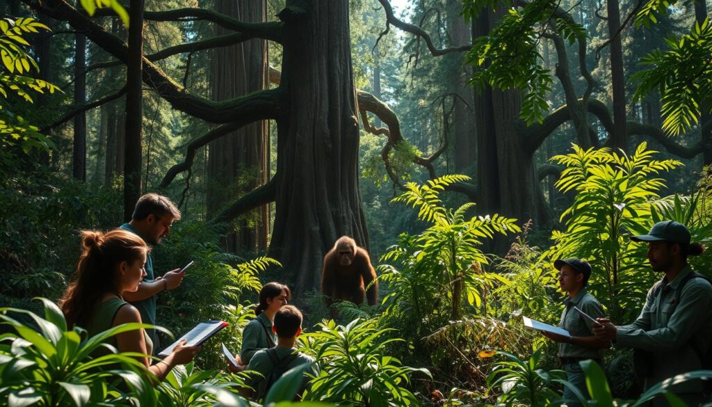 A lush, verdant forest teeming with life, sunlight filtering through the canopy, illuminating a scene of Bigfoot habitat preservation efforts. In the foreground, a team of dedicated researchers carefully documenting the environment, taking notes and collecting data. In the middle ground, a Bigfoot-like creature, partially obscured by the dense foliage, observes the proceedings with a curious gaze. The background depicts the grandeur of the ancient trees, their twisted roots and towering branches, creating a sense of timelessness and the importance of preserving this untamed wilderness. The lighting is soft and natural, casting warm hues across the scene, conveying a sense of harmony and the delicate balance between humans and the mysterious creatures that inhabit these sacred forests.