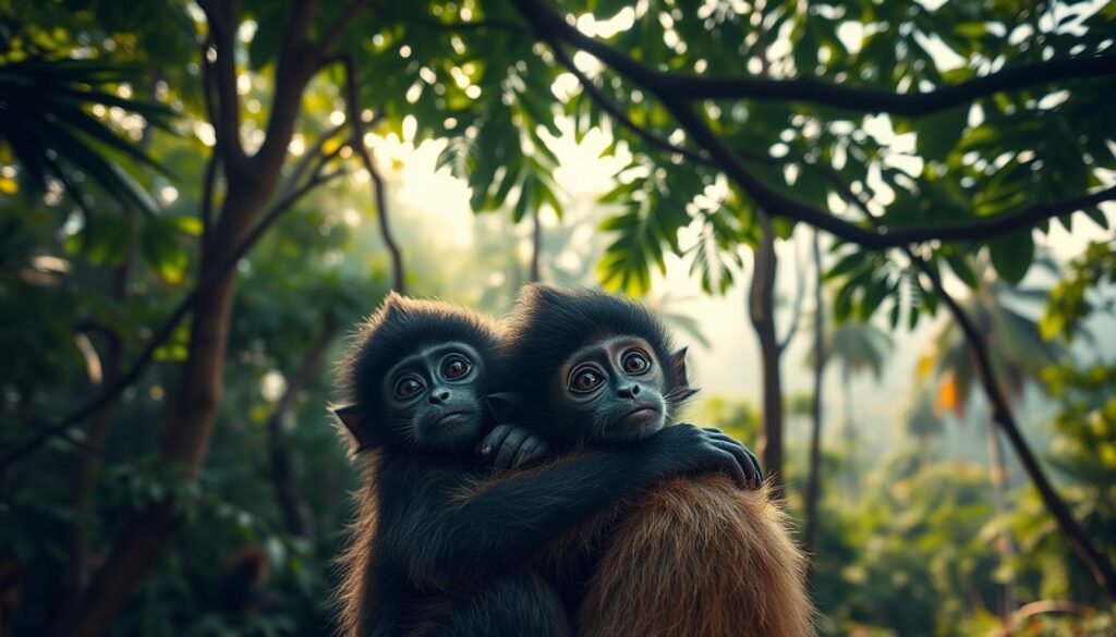 A lush, verdant jungle canopy casts a warm, ambient glow on a captivating scene. In the foreground, a pair of baby howler monkeys cling tightly to their mother, their large, soulful eyes filled with wonder. Their soft, fur-covered bodies are accentuated by natural lighting, highlighting the intricate textures and subtle tones of their primate features. The middle ground reveals other members of the howler monkey troop, their distinctive calls echoing through the tranquil forest. In the distant background, glimpses of towering trees and a hazy sky create a sense of depth and atmospheric immersion. This intimate, natural portrait captures the endearing essence of these remarkable primate infants within their vibrant, nurturing habitat.