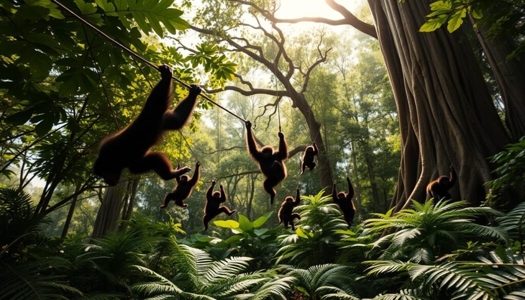 A lush, verdant jungle canopy, sunlight filtering through the dense foliage. In the foreground, a troop of howler monkeys swings effortlessly through the branches, their powerful limbs and prehensile tails propelling them forward in a graceful, fluid motion. Glimpses of their dark, shaggy fur and vibrant faces emerge as they traverse the undergrowth. In the middle ground, the forest floor is carpeted with ferns and fallen leaves, a mosaic of greens and browns. Towering, ancient trees rise up in the background, their twisted roots anchoring the ecosystem. The air is thick with the cacophony of birdsong and the deep, resounding howls of the monkeys, echoing through the tranquil forest.