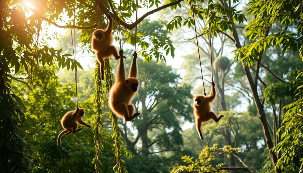 A lush, verdant rainforest canopy teeming with life. In the foreground, a troop of howler monkeys swinging gracefully from branch to branch, their golden-brown fur glistening in the dappled sunlight filtering through the dense foliage. Vibrant green leaves and vines cascade around them, creating a sense of depth and immersion. In the middle ground, the canopy opens up to reveal a glimpse of the understory below, hinting at the multilayered ecosystem. The background is a tapestry of towering trees, their trunks reaching up to the heavens, their crowns forming a verdant, gently swaying ceiling. The scene is bathed in a warm, golden glow, conveying a serene, tranquil atmosphere. Soft, diffused lighting illuminates the monkeys, highlighting their expressive faces and acrobatic movements as they navigate their lofty domain.