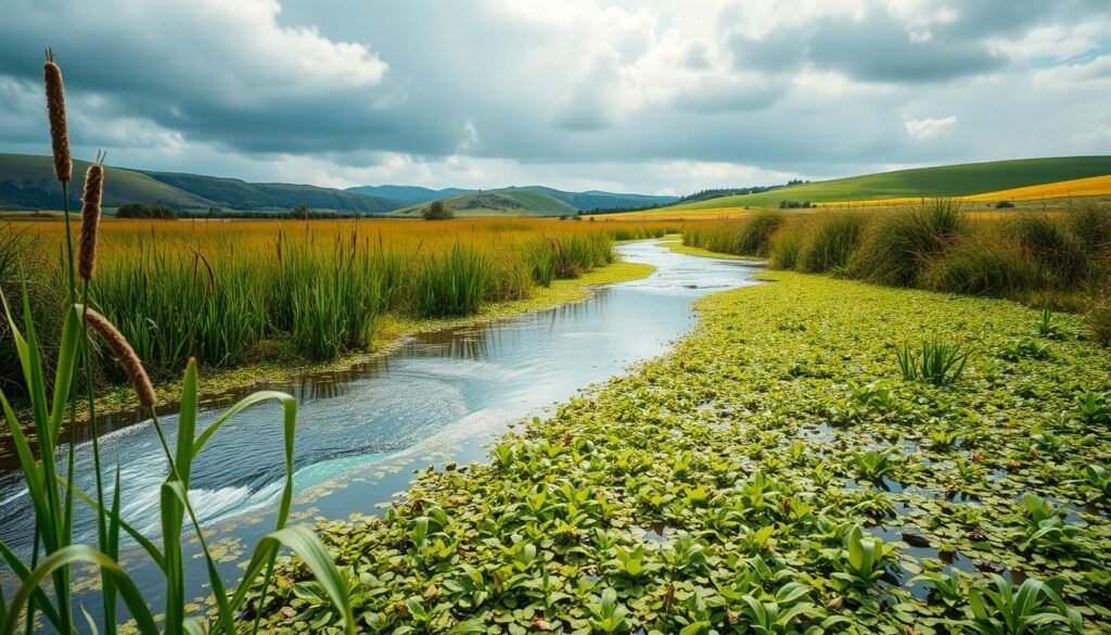 A lush, verdant wetland landscape with a crystal-clear stream flowing through it. In the foreground, reeds and cattails sway gently in a soft breeze. Midground, a thick bed of aquatic vegetation filters the water, removing impurities. In the background, rolling hills and a cloudy, atmospheric sky set the scene. The lighting is natural, with soft, diffused sunlight casting a warm, golden glow over the entire scene. The perspective is slightly elevated, allowing the viewer to appreciate the scale and complexity of the wetland ecosystem. The overall mood is one of tranquility, harmony, and the vital importance of wetlands in purifying and maintaining our precious drinking water supplies.