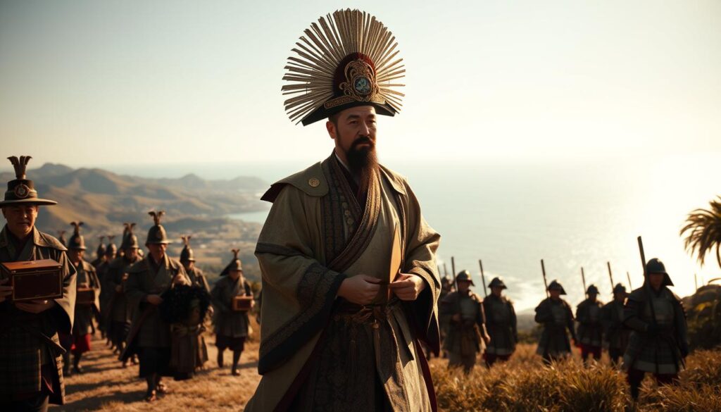 A majestic 17th-century Japanese diplomatic procession, led by a stately ambassador and his retinue, traverses a sun-dappled coastal landscape. In the foreground, the ambassador, adorned in ornate robes and a ceremonial headdress, strides purposefully, flanked by his attendants carrying gleaming lacquered chests and ceremonial fans. The middle ground reveals a colorful parade of samurai warriors, their swords and armor glinting in the warm light. In the background, a serene coastal vista unfolds, with rolling hills, swaying palm trees, and the distant glimmer of the Pacific Ocean. The scene is infused with a sense of historical significance and cultural exchange, capturing the momentous occasion of the Japanese diplomatic mission to California.
