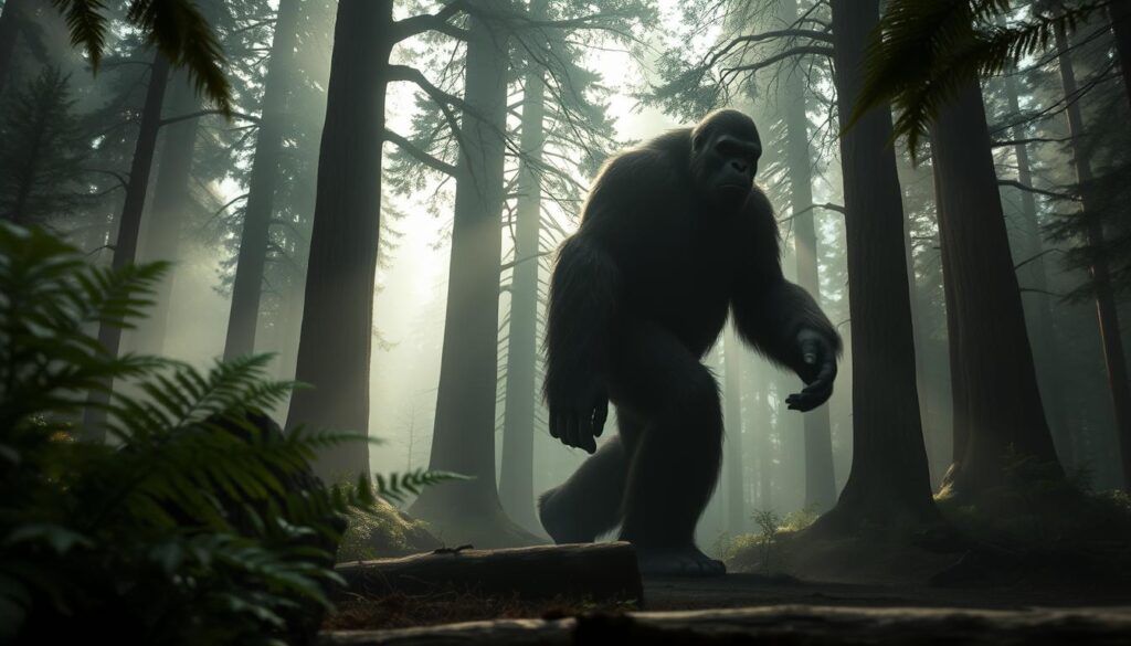 A majestic Bigfoot strides through a dense, misty forest, its massive, hairy frame silhouetted against the filtered sunlight. In the foreground, ferns and mossy logs hint at the untamed, primal nature of its habitat. The middle ground reveals the Bigfoot's impressive size, with powerful limbs and a broad, muscular build. In the background, ancient trees tower overhead, creating a sense of timelessness and mystery. The overall scene evokes a feeling of awe and wonder, capturing the elusive and enigmatic essence of this legendary creature.