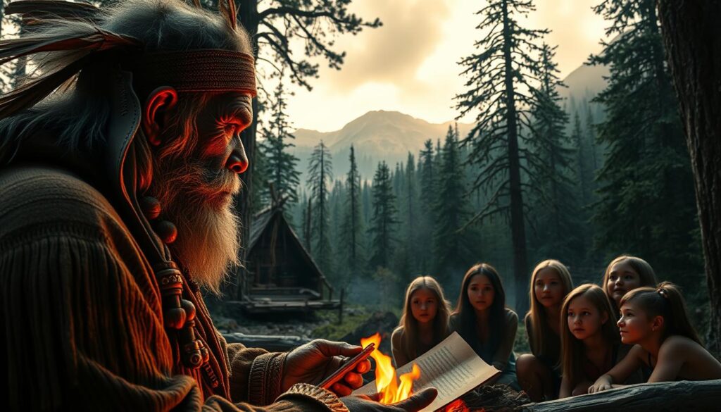 A majestic Native American village nestled in a mystic forest, where the legend of the elusive Bigfoot looms. In the foreground, a tribal elder recounts tales of the hairy giant, his weathered face illuminated by the warm glow of a campfire. In the middle ground, a group of awestruck children listen intently, their eyes wide with wonder. The background reveals the dense, primeval woods, with ancient trees casting long shadows and a distant mountain range shrouded in mist, hinting at the vast, untamed wilderness where the Bigfoot is said to roam. The lighting is soft and naturalistic, evoking a sense of reverence and mystery. The scene conveys the rich cultural heritage and deep connection to the land that is central to Native American Bigfoot legends.