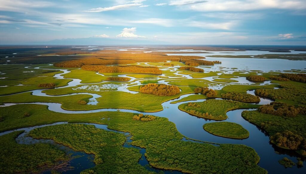 A majestic aerial view of the world's most famous wetland habitats. In the foreground, vibrant green marshes teeming with diverse flora and fauna, with winding waterways reflecting the golden hues of the setting sun. The middle ground showcases the vast expanse of the Everglades in Florida, its intricate network of mangrove forests and shallow lagoons. In the background, the misty, snow-capped peaks of Patagonia's Torres del Paine National Park frame the serene Laguna Sarmiento, a pristine wetland oasis. The scene is illuminated by soft, natural lighting, giving the image a sense of tranquility and wonder. The composition captures the breathtaking beauty and ecological significance of these vital wetland ecosystems across the globe.