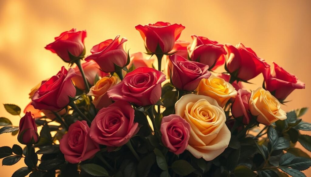 A majestic bouquet of vibrant, velvety roses in various national emblems, each bloom representing the unique heritage and identity of a distinct country. Delicate petals unfurl against a soft, dreamy backdrop, bathed in warm, golden light that casts gentle shadows. Textured, layered foliage frames the floral centerpiece, creating a harmonious and visually captivating composition. The roses stand tall and proud, their thorns a subtle reminder of their resilience, symbolizing the strength and resilience of the nations they represent. This enchanting scene invites the viewer to explore the diversity and beauty of rose emblems from around the world.